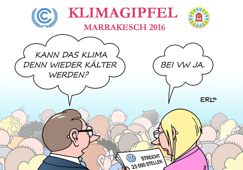 Cartoon: VW Klimagipfel (medium) by Erl tagged 2016,klimagipfel,marrakesch,klimawandel,erderwärmung,co2,ausstoß,abgase,auto,diesel,dieselgate,affäre,volkswagen,vw,manipulation,abgaswerte,software,schummelsoftware,sparkurs,stellen,streichung,stellenstreichungen,betrieb,klima,kalt,warm,karikatur,erl,vw,klimagipfel