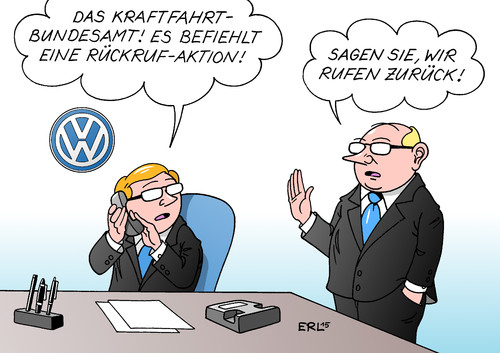 Cartoon: VW Rückruf-Aktion (medium) by Erl tagged vw,volkswagen,auto,autobauer,konzern,betrug,manipulation,software,motor,diesel,kraftfahrtbundesamt,anordnung,rückruf,rückrufaktion,werkstatt,telefon,manager,karikatur,erl,vw,volkswagen,auto,autobauer,konzern,betrug,manipulation,software,motor,diesel,kraftfahrtbundesamt,anordnung,rückruf,rückrufaktion,werkstatt,telefon,manager,karikatur,erl