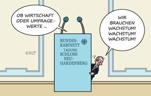 Cartoon: Wachstum (medium) by Erl tagged politik,regierung,koalition,kanzler,merz,umfragetief,wirtschaft,wachstum,kabinett,tagung,schloss,neuhardenberg,karikatur,erl,politik,regierung,koalition,kanzler,merz,umfragetief,wirtschaft,wachstum,kabinett,tagung,schloss,neuhardenberg,karikatur,erl