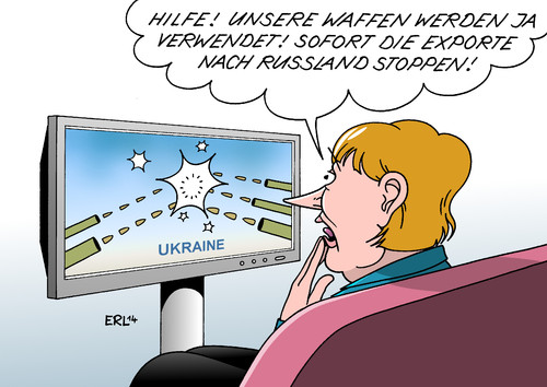 Cartoon: Waffenexporte (medium) by Erl tagged deutschland,waffenexport,waffen,export,ukraine,russland,konflikt,einsatz,verwendung,stopp,lieferstopp,sanktionen,bundeskanzlerin,angela,merkel,deutschland,waffenexport,waffen,export,ukraine,russland,konflikt,einsatz,verwendung,stopp,lieferstopp,sanktionen,bundeskanzlerin,angela,merkel