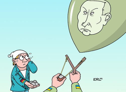 Cartoon: Waffenlieferung (medium) by Erl tagged politik,krieg,angriff,angriffskrieg,präsident,wladimir,putin,russland,ukraine,reaktion,deutschland,waffenlieferungen,diskussion,sinn,moral,gefahr,eskalation,david,gegen,goliath,steinschleuder,stein,karikatur,erl,politik,krieg,angriff,angriffskrieg,präsident,wladimir,putin,russland,ukraine,reaktion,deutschland,waffenlieferungen,diskussion,sinn,moral,gefahr,eskalation,david,gegen,goliath,steinschleuder,stein,karikatur,erl