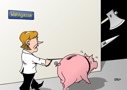 Cartoon: Wahl Frankreich Griechenland (medium) by Erl tagged wahl,frankreich,griechenland,eu,schuldenkrise,sparkurs,bundeskanzlerin,angela,merkel,bedrohung,sparschwein,wahl,frankreich,griechenland,eu,schuldenkrise,sparkurs,bundeskanzlerin,merkel