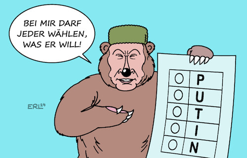 Cartoon: Wahlfreiheit (medium) by Erl tagged politik,russland,wahl,präsident,diktator,wladimir,putin,opposition,manipulation,wahlfälschung,ergebnis,feststehen,sieger,wahlfreiheit,karikatur,erl,politik,russland,wahl,präsident,diktator,wladimir,putin,opposition,manipulation,wahlfälschung,ergebnis,feststehen,sieger,wahlfreiheit,karikatur,erl