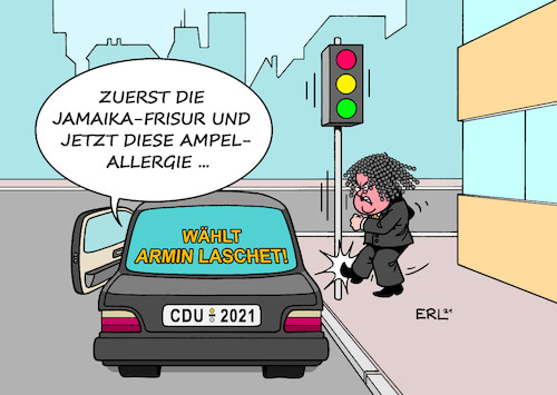 Cartoon: Wahlkampf Laschet (medium) by Erl tagged politik,wahl,bundestagswahl,2021,kanzlerkandidat,union,cdu,csu,armin,laschet,wahlkampf,pleiten,pech,pannen,koalition,wunsch,jamaika,schwarz,fdp,grüne,ablehnung,angst,allergie,ampel,spd,rot,gelb,grün,karikatur,erl,politik,wahl,bundestagswahl,2021,kanzlerkandidat,union,cdu,csu,armin,laschet,wahlkampf,pleiten,pech,pannen,koalition,wunsch,jamaika,schwarz,fdp,grüne,ablehnung,angst,allergie,ampel,spd,rot,gelb,grün,karikatur,erl