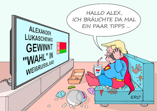 Cartoon: Wahlkampfhilfe (medium) by Erl tagged politik,demokratie,wahl,weißrussland,diktatur,diktator,alexander,lukaschenko,wahlmanipulation,unterdrückung,opposition,wahlsieg,fälschung,usa,präsident,donald,trump,versagen,corona,virus,pandemie,angst,wahlniederlage,tipps,karikatur,erl,politik,demokratie,wahl,weißrussland,diktatur,diktator,alexander,lukaschenko,wahlmanipulation,unterdrückung,opposition,wahlsieg,fälschung,usa,präsident,donald,trump,versagen,corona,virus,pandemie,angst,wahlniederlage,tipps,karikatur,erl