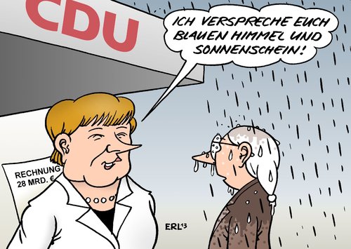 Cartoon: Wahlversprechen (medium) by Erl tagged bundeskanzlerin,angela,merkel,cdu,wahlversprechen,kosten,milliarden,rechnung,bürger,wetter,regen,sonnenschein,himmel,grau,blau,nass,bundeskanzlerin,angela,merkel,cdu,wahlversprechen,kosten,milliarden,rechnung,bürger,wetter,regen,sonnenschein,himmel,grau,blau,nass