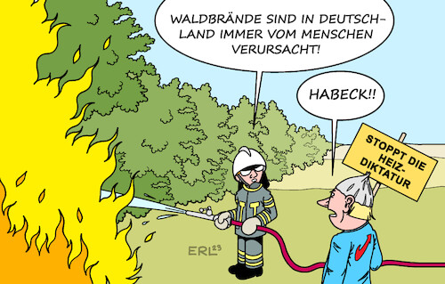 Cartoon: Waldbrand (medium) by Erl tagged politik,klima,klimawandel,extremwetter,dürre,trockenheit,waldbrand,brandenburg,klimaschutz,wärmewende,heizung,heizungsgesetz,wirtschaftsminister,robert,habeck,umfragetief,umfragehoch,afd,karikatur,erl,politik,klima,klimawandel,extremwetter,dürre,trockenheit,waldbrand,brandenburg,klimaschutz,wärmewende,heizung,heizungsgesetz,wirtschaftsminister,robert,habeck,umfragetief,umfragehoch,afd,karikatur,erl