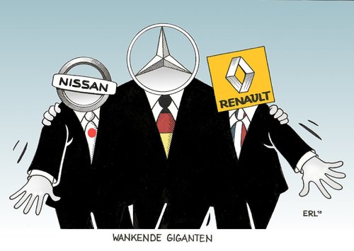 Cartoon: Wankende Giganten (medium) by Erl tagged daimler,renault,nissan,zusammenarbeit,auto,autobauer,probleme,daimler,renault,nissan,zusammenarbeit,auto,autobauer,probleme,autoindustrie,industrie