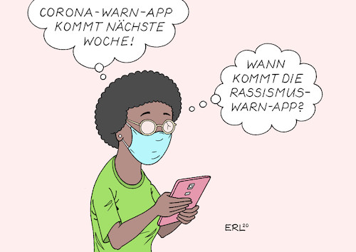 Cartoon: Warn-App (medium) by Erl tagged politik,corona,virus,pandemie,warnapp,app,warnung,smartphone,rassismus,problem,gesellschaft,hautfarbe,herkunft,gewalt,unterdrückung,karikatur,erl,politik,corona,virus,pandemie,warnapp,app,warnung,smartphone,rassismus,problem,gesellschaft,hautfarbe,herkunft,gewalt,unterdrückung,karikatur,erl