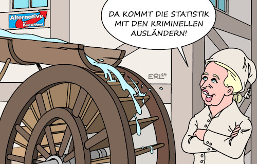 Cartoon: Wasser auf die Mühlen (medium) by Erl tagged politik,kriminalität,polizei,kriminalstatistik,vorstellung,innenministerin,nancy,faeser,bundeskriminalamt,bka,anstieg,gewaltkriminalität,nichtdeutsche,tatverdächtige,zuwanderer,asylsuchende,jung,männer,wasser,mühlen,afd,kriminelle,ausländer,rechtspopulismus,rechtsextremismus,alice,weidel,müllerin,mühlrad,mühle,karikatur,erl,politik,kriminalität,polizei,kriminalstatistik,vorstellung,innenministerin,nancy,faeser,bundeskriminalamt,bka,anstieg,gewaltkriminalität,nichtdeutsche,tatverdächtige,zuwanderer,asylsuchende,jung,männer,wasser,mühlen,afd,kriminelle,ausländer,rechtspopulismus,rechtsextremismus,alice,weidel,müllerin,mühlrad,mühle,karikatur,erl