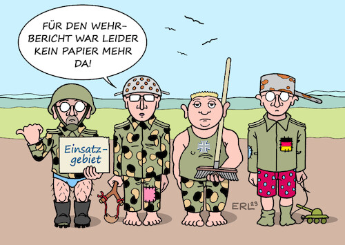 Cartoon: Wehrbericht (medium) by Erl tagged politik,bundeswehr,wehrbericht,wehrbeauftragte,eva,högl,mängel,ausstattung,extrem,schlecht,ausrüstung,beschaffung,ungenügend,karikatur,erl,politik,bundeswehr,wehrbericht,wehrbeauftragte,eva,högl,mängel,ausstattung,extrem,schlecht,ausrüstung,beschaffung,ungenügend,karikatur,erl