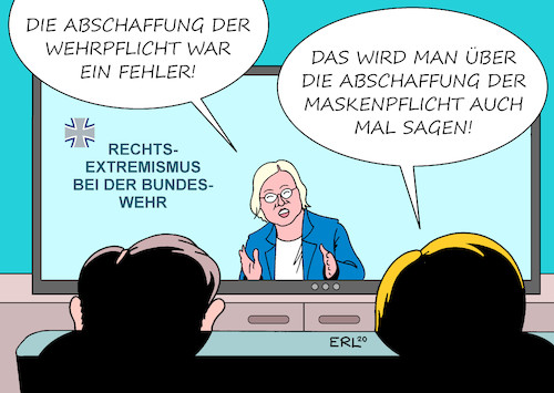 Cartoon: Wehrpflicht (medium) by Erl tagged politik,bundeswehr,rechtsextremismus,wehrbeauftragte,högl,ursache,abschaffung,wehrpflicht,fehler,corona,virus,pandemie,maskenpflicht,ende,diskussion,handel,gefahr,zweite,welle,ansteckung,infektion,karikatur,erl,politik,bundeswehr,rechtsextremismus,wehrbeauftragte,högl,ursache,abschaffung,wehrpflicht,fehler,corona,virus,pandemie,maskenpflicht,ende,diskussion,handel,gefahr,zweite,welle,ansteckung,infektion,karikatur,erl