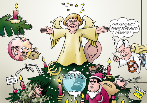 Cartoon: Weihnachten (medium) by Erl tagged weihnachten,merkel,gabriel,von,der,leyen,seehofer,de,maiziere,obama,papst,franziskus,benedikt,bischof,tebartz,deutschland,usa,nsa,abhörskandal,pferdefleisch,klimawandel,eu,euro,krise,drohne,maut,groko,karikatur,erl,weihnachten,merkel,gabriel,von,der,leyen,seehofer,de,maiziere,obama,papst,franziskus,benedikt,bischof,tebartz,van,elst,deutschland,usa,nsa,abhörskandal,pferdefleischskandal,klimawandel,erderwärmung,eu,euro,eurokrise,drohne,drohnendebakel,autobahnmaut,groko,große,koalition,cdu,csu,spd,christbaum,nikolaus,kerzen,kugeln