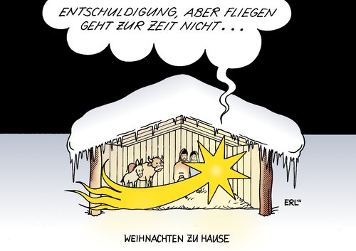 Cartoon: Weihnachten zu Hause (medium) by Erl tagged weihnachten,schnee,verkehr,flugzeug,bahn,auto,zu,hause,stall,stern,flug,jesus,maria,josef,ochse,esel,weihnachten,schnee,verkehr,flugzeug,hause,stern,flug,jesus,maria,ochse