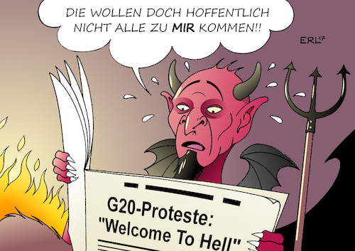 Cartoon: Welcome To Hell (medium) by Erl tagged g20,gipfel,deutschland,hamburg,treffen,industrieländer,schwellenländer,weltpolitik,gespräche,probleme,klimawandel,handel,kapitalismus,turbokapitalismus,demonstration,protest,welcome,to,hell,hölle,teufel,angst,gewalt,karikatur,erl,g20,gipfel,deutschland,hamburg,treffen,industrieländer,schwellenländer,weltpolitik,gespräche,probleme,klimawandel,handel,kapitalismus,turbokapitalismus,demonstration,protest,welcome,to,hell,hölle,teufel,angst,gewalt,karikatur,erl