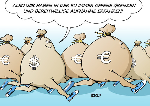 Cartoon: Weltoffene EU (medium) by Erl tagged eu,werte,weltoffen,grenzenlos,schengen,solidarität,willkommen,aufnahme,geld,flüchtlinge,abschottung,abschiebung,abschreckung,transitzone,balkanroute,globalisierung,vorteile,nachteile,geldströme,flüchtlingsströme,karikatur,erl,eu,werte,weltoffen,grenzenlos,schengen,solidarität,willkommen,aufnahme,geld,flüchtlinge,abschottung,abschiebung,abschreckung,transitzone,balkanroute,globalisierung,vorteile,nachteile,geldströme,flüchtlingsströme,karikatur,erl