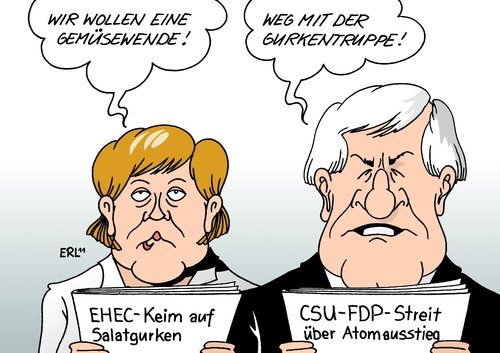 Cartoon: Wende (medium) by Erl tagged cdu,csu,fdp,keim,krankheit,salatgurke,gurke,atomausstieg,gurkentruppe,energiewende,merkel,seehofer