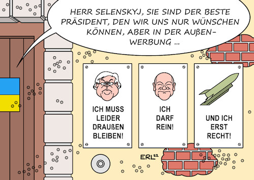 Cartoon: Werbefachmann (medium) by Erl tagged politik,krieg,russland,ukraine,unterstützung,usa,eu,staatsoberhäupter,besuch,präsident,selenskyj,ausladung,bundespräsident,steinmeier,russlandpolitik,nähe,putin,schilder,scholz,waffen,waffenlieferungen,karikatur,erl,politik,krieg,russland,ukraine,unterstützung,usa,eu,staatsoberhäupter,besuch,präsident,selenskyj,ausladung,bundespräsident,steinmeier,russlandpolitik,nähe,putin,schilder,scholz,waffen,waffenlieferungen,karikatur,erl