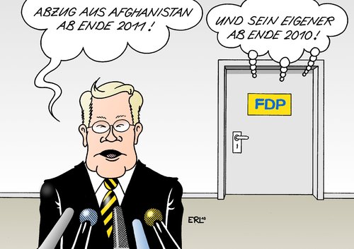 Cartoon: Westerwelle (medium) by Erl tagged 2011,abzug,afghanistan,fdp,außenminister,westerwelle,vorsitz,chef,problem,rückzug,verschwörung,westerwelle,außenminister,fdp,afghanistan,abzug,2011,vorsitz,chef,problem,verschwörung