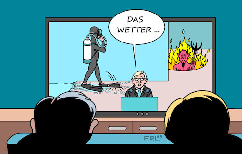 Cartoon: Wetter (medium) by Erl tagged politik,klima,klimawandel,klimakatastrophe,erderwärmung,extremwetter,starkregen,hochwasser,hitze,trochenheit,dürre,taucher,teufel,wetter,wetterbericht,nachrichten,fernsehen,karikatur,erl,politik,klima,klimawandel,klimakatastrophe,erderwärmung,extremwetter,starkregen,hochwasser,hitze,trochenheit,dürre,taucher,teufel,wetter,wetterbericht,nachrichten,fernsehen,karikatur,erl