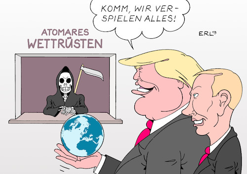 Cartoon: Wettrüsten (medium) by Erl tagged politik,rüstung,abrüstung,atomraketen,inf,vertrag,ausstieg,usa,präsident,donald,trump,gefahr,wettrüsten,atomar,tod,wettbüro,zocker,russland,wladimir,putin,einsatz,welt,erde,karikatur,erl,politik,rüstung,abrüstung,atomraketen,inf,vertrag,ausstieg,usa,präsident,donald,trump,gefahr,wettrüsten,atomar,tod,wettbüro,zocker,russland,wladimir,putin,einasatz,welt,erde,karikatur,erl