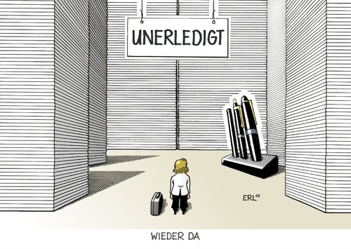 Cartoon: Wieder da (medium) by Erl tagged merkel,bundeskanzlerin,urlaub,ende,rückkehr,arbeit,arbeitsplatz,unerledigt,aufgaben,riesig,angela merkel,bundeskanzlerin,urlaub,rückkehr,arbeit,arbeitsplatz,riesig,aufgaben,unerledigt,angela,merkel