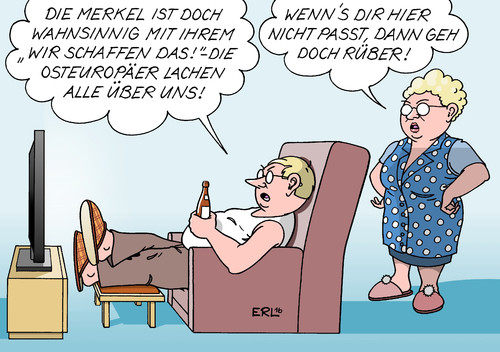 Cartoon: Wir schaffen das! (medium) by Erl tagged flüchtlinge,merkel,wir,schaffen,das,willkommen,kritik,angst,überforderung,wahnsinn,abschreckung,abschottung,vorbild,osteuropa,auslachen,rüber,osten,karikatur,erl,flüchtlinge,merkel,wir,schaffen,das,willkommen,kritik,angst,überforderung,wahnsinn,abschreckung,abschottung,vorbild,osteuropa,auslachen,rüber,osten,karikatur,erl