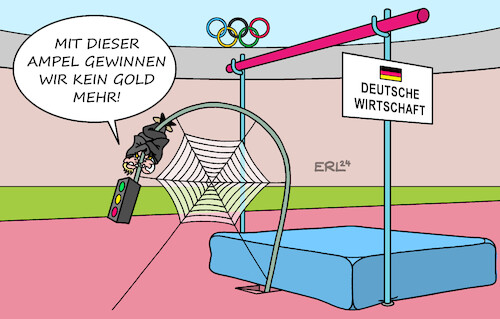 Cartoon: Wirtschaft (medium) by Erl tagged politik,wirtschaft,wachstum,wirtschaftswachstum,stagnation,schrumpfen,wirtschaftspolitik,ampel,bundesregierung,spd,grüne,fdp,wirtschaftsminister,robert,habeck,sport,olympische,sommerspiele,paris,2024,stabhochsprung,stillstand,spinnennetz,spinnweben,gold,goldmedaille,karikatur,erl,politik,wirtschaft,wachstum,wirtschaftswachstum,stagnation,schrumpfen,wirtschaftspolitik,ampel,bundesregierung,spd,grüne,fdp,wirtschaftsminister,robert,habeck,sport,olympische,sommerspiele,paris,2024,stabhochsprung,stillstand,spinnennetz,spinnweben,gold,goldmedaille,karikatur,erl