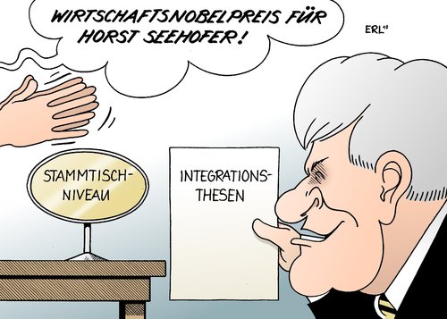 Cartoon: Wirtschaftsnobelpreis (medium) by Erl tagged seehofer,horst,integration,thesen,rechts,stammtisch,niveau,wirtschaft,nobelpreis,zuwanderung,migration,csu,deutsch,immigration,einwanderung,zuwanderung,debatte,politik,deutschland,regierung,europa,türkei,integration,minister,lernen,fachkräfte,migranten,migration,anpassung,europaminister,bagis,sitten,zukunft,identität,kultur,horst seehofer,burka,bier,gesellschaft,horst,seehofer