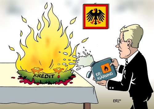 Cartoon: Wulffs Löschversuche (medium) by Erl tagged wulff,christian,bundespräsident,privat,kredit,nähe,unternehmer,einladung,filz,erklärung,mangelhaft,verschlimmerung,adventskranz,feuer,löschen,löschversuch,benzin,wulff,bundespräsident,privat,kredit,einladung