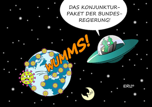 Cartoon: Wumms (medium) by Erl tagged politik,corona,virus,pandemie,wirtschaft,konjunktur,einbruch,rezession,konjunkturpaket,bundesregierung,groko,senkung,mehrwertsteuer,kinderbonus,wumms,olaf,scholz,angela,merkel,erde,welt,all,ufo,außerirdische,karikatur,erl,politik,corona,virus,pandemie,wirtschaft,konjunktur,einbruch,rezession,konjunkturpaket,bundesregierung,groko,senkung,mehrwertsteuer,kinderbonus,wumms,olaf,scholz,angela,merkel,erde,welt,all,ufo,außerirdische,karikatur,erl