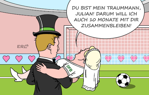 Cartoon: Wunschkandidat Nagelsmann (medium) by Erl tagged politik,sport,fußball,deutschland,nationalmannschaft,entlassung,bundestrainer,hansi,flick,nachfolger,julian,nagelsmann,dfb,wunschkandidat,vertrag,zehn,monate,em,2024,hochzeit,liebe,traummann,bräutigam,braut,karikatur,erl,politik,sport,fußball,deutschland,nationalmannschaft,entlassung,bundestrainer,hansi,flick,nachfolger,julian,nagelsmann,dfb,wunschkandidat,vertrag,zehn,monate,em,2024,hochzeit,liebe,traummann,bräutigam,braut,karikatur,erl