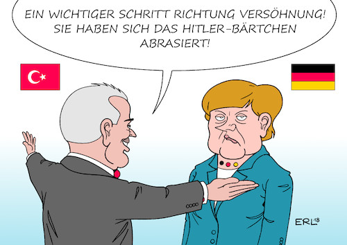 Cartoon: Yildirim bei Merkel (medium) by Erl tagged politik,deutsch,türkisch,verhältnis,schwierig,belastet,türkei,präsident,erdogan,präsidialsystem,wahlkampf,deutschland,verbot,nazivergleich,bundeskanzlerin,angela,merkel,hitler,bart,hitlerbärtchen,abbau,demokratie,grundrechte,gewaltenteilung,säuberung,verhaftung,journalist,deniz,yücel,besuch,ministerpräsident,yildirim,karikatur,erl,politik,deutsch,türkisch,verhältnis,schwierig,belastet,türkei,präsident,erdogan,präsidialsystem,wahlkampf,deutschland,verbot,nazivergleich,bundeskanzlerin,angela,merkel,hitler,bart,hitlerbärtchen,abbau,demokratie,grundrechte,gewaltenteilung,säuberung,verhaftung,journalist,deniz,yücel,besuch,ministerpräsident,yildirim,karikatur,erl