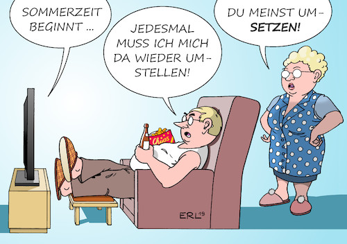 Cartoon: Zeitumstellung (medium) by Erl tagged politik,zeitumstellung,winterzeit,sommerzeit,uhr,stunde,vor,abschaffung,eu,bürger,gesundheit,beschwerden,umstellung,ehepaar,fernsehen,mann,frau,karikatur,erl,politik,zeitumstellung,winterzeit,sommerzeit,uhr,stunde,vor,abschaffung,eu,bürger,gesundheit,beschwerden,umstellung,ehepaar,fernsehen,mann,frau,karikatur,erl