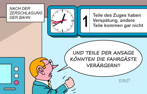 Cartoon: Zerschlagung der Bahn (medium) by Erl tagged politik,verkehr,bahn,vorschlag,monopolkommision,zerschlagung,aufspaltung,wettbewerb,schienen,gleise,marode,verspätungen,fahrgäste,ärger,karikatur,erl,politik,verkehr,bahn,vorschlag,monopolkommision,zerschlagung,aufspaltung,wettbewerb,schienen,gleise,marode,verspätungen,fahrgäste,ärger,karikatur,erl