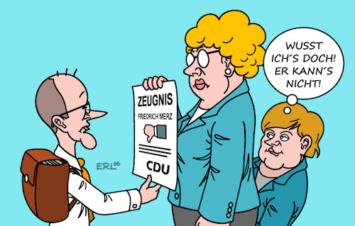 Cartoon: Zeugnistag II (medium) by Erl tagged politik,cdu,parteitag,friedrich,merz,wiederwahl,vorsitz,ergebnis,schlecht,zeugnis,merkel,karikatur,erl,politik,cdu,parteitag,friedrich,merz,wiederwahl,vorsitz,ergebnis,schlecht,zeugnis,merkel,karikatur,erl