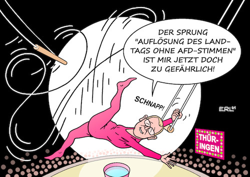 Cartoon: Zirkus Thüringen (medium) by Erl tagged politik,thüringen,landtagswahl,2019,2020,wahl,ministerpräsident,thomas,kemmerich,fdp,stimmen,afd,skandal,kompromiss,minderheitsregierung,linke,spd,die,grünen,neuwahl,2021,auflösung,landtag,gefahr,abhängigkeit,rechtsextremisten,zirkus,artist,bodo,ramelow,karikatur,erl,politik,thüringen,landtagswahl,2019,2020,wahl,ministerpräsident,thomas,kemmerich,fdp,stimmen,afd,skandal,kompromiss,minderheitsregierung,linke,spd,die,grünen,neuwahl,2021,auflösung,landtag,gefahr,abhängigkeit,rechtsextremisten,zirkus,artist,bodo,ramelow,karikatur,erl