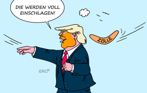 Cartoon: Zölle (medium) by Erl tagged politik,usa,präsident,donald,trump,zölle,strafzölle,kanada,mexiko,china,bumerang,handelskrieg,verteuerung,karikatur,erl,politik,usa,präsident,donald,trump,zölle,strafzölle,kanada,mexiko,china,bumerang,handelskrieg,verteuerung,karikatur,erl