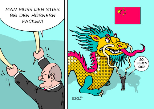 Cartoon: Zupackende Art (medium) by Erl tagged politik,bundeskanzler,olaf,scholz,besuch,reise,china,diktator,xi,jinping,wirtschaft,markt,handel,abhängigkeit,kritik,menschenrechte,aggression,taiwan,tatkraft,stier,hörner,drache,bart,karikatur,erl,politik,bundeskanzler,olaf,scholz,besuch,reise,china,diktator,xi,jinping,wirtschaft,markt,handel,abhängigkeit,kritik,menschenrechte,aggression,taiwan,tatkraft,stier,hörner,drache,bart,karikatur,erl