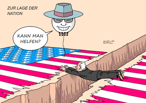 Cartoon: Zur Lage der Nation II (medium) by Erl tagged politik,usa,präsident,joe,biden,rede,zur,lage,der,nation,spaltung,graben,riss,demokraten,republikaner,stadt,land,spionage,ballon,china,belastung,außenpolitik,karikatur,erl,politik,usa,präsident,joe,biden,rede,zur,lage,der,nation,spaltung,graben,riss,demokraten,republikaner,stadt,land,spionage,ballon,china,belastung,außenpolitik,karikatur,erl