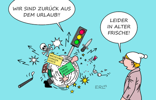 Cartoon: Zurück aus dem Urlaub (medium) by Erl tagged politik,regierung,koalition,ampel,spd,grüne,fdp,zurück,urlaub,streit,wachstumschancengesetz,lindner,kindergrundsicherung,paus,blockade,michel,karikatur,erl,politik,regierung,koalition,ampel,spd,grüne,fdp,zurück,urlaub,streit,wachstumschancengesetz,lindner,kindergrundsicherung,paus,blockade,michel,karikatur,erl