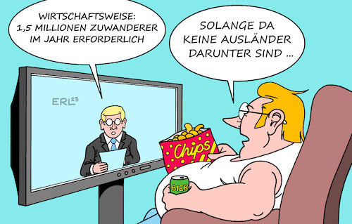 Cartoon: Zuwanderung (medium) by Erl tagged politik,arbeit,fachkräfte,mangel,empfehlung,wirtschaftsweise,monika,schnitzer,zuwanderung,eineinhalb,millionen,pro,jahr,ängste,fremdenfeindlichkeit,rechtspopulismus,ausländer,karikatur,erl,politik,arbeit,fachkräfte,mangel,empfehlung,wirtschaftsweise,monika,schnitzer,zuwanderung,eineinhalb,millionen,pro,jahr,ängste,fremdenfeindlichkeit,rechtspopulismus,ausländer,karikatur,erl