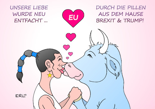 Cartoon: Zweiter Frühling (medium) by Erl tagged eu,gipfel,zusammenhalt,handlungsfähigkeit,steigerung,abschreckung,brexit,großbritannien,gb,uk,präsident,donald,trump,usa,rechtspopulismus,nationalismus,rassismus,abschottung,liebe,neu,europa,stier,kuss,herz,karikatur,erl,eu,gipfel,zusammenhalt,handlungsfähigkeit,steigerung,abschreckung,brexit,großbritannien,gb,uk,präsident,donald,trump,usa,rechtspopulismus,nationalismus,rassismus,abschottung,liebe,neu,europa,stier,kuss,herz,karikatur,erl