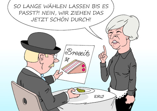 Cartoon: Zweites Referendum (medium) by Erl tagged politik,austritt,großbritannien,gb,uk,europäische,union,vertrag,parlament,abstimmung,verschiebung,misstrauensvotum,scheitern,gegner,brexiteers,hardliner,hart,konservative,partei,tories,gefahr,ungeordneter,brexit,hoffnung,zweites,referendum,absage,premierministerin,theresa,may,wählen,torte,essiggurke,karikatur,erl,politik,austritt,großbritannien,gb,uk,europäische,union,vertrag,parlament,abstimmung,verschiebung,misstrauensvotum,scheitern,gegner,brexiteers,hardliner,hart,konservative,partei,tories,gefahr,ungeordneter,brexit,hoffnung,zweites,referendum,absage,premierministerin,theresa,may,wählen,torte,essiggurke,karikatur,erl