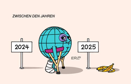 Cartoon: Zwischen den Jahren (medium) by Erl tagged politik,jahreswechsel,2024,2025,weihnachten,silvester,neujahr,erde,krisen,kriege,gewalt,trump,bananenschale,karikatur,erl,politik,jahreswechsel,2024,2025,weihnachten,silvester,neujahr,erde,krisen,kriege,gewalt,trump,bananenschale,karikatur,erl