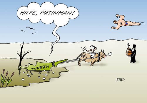 Cartoon: Zypern (medium) by Erl tagged zypern,eu,euro,rettung,bedingungen,banken,beteiligung,sparer,ablehnung,hilfe,russland,putin,kirche,geld,schulden,finanzen,zypern