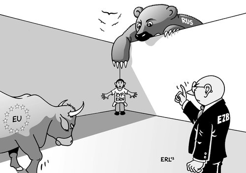 Cartoon: Zypern (medium) by Erl tagged zypern,pleite,eu,euro,schulden,ezb,russland,hilfe,bedingungen,beteiligung,ablehnung,ecke,drängen,stier,bär