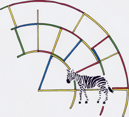 Cartoon: zzz-xebra (medium) by robobenito tagged zebra,animal,stripes,color,rainbow,spectrum,mammal,fantasy,dream,clockwork,structure,surreal,environment,science,fiction,ink,pencil,colors,animals,horse,arch,planet