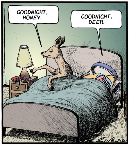 Cartoon: Goodnight Honey (medium) by Tony Zuvela tagged goodnight,honey,deer,doe,dear,food,animal,bedtime,lights,out,go,to,sleep,married,couple