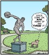 Cartoon: Dumb Doggie (small) by Tony Zuvela tagged dog,frisbee,discus,thrower,statue,waiting,dumb,unaware,doesnt,realise,throw,disc